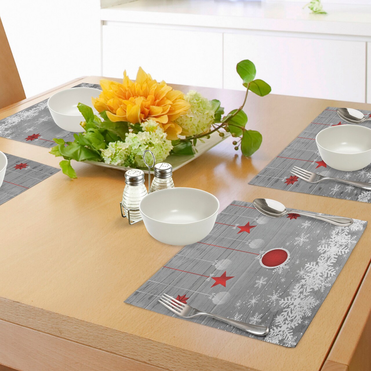 Ambesonne Christmas Place Mats Set of 4, Traditional Celebration Theme Pendant Stars Baubles Ornate Snowflakes, Washable Fabric Placemats for Dining Table, Standard Size, Grey Red White